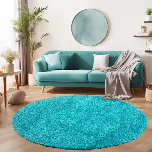 Muratap Basic rond shaggy vloerkleed turquoise hoogpolig- 120 cm rond 1128593 large