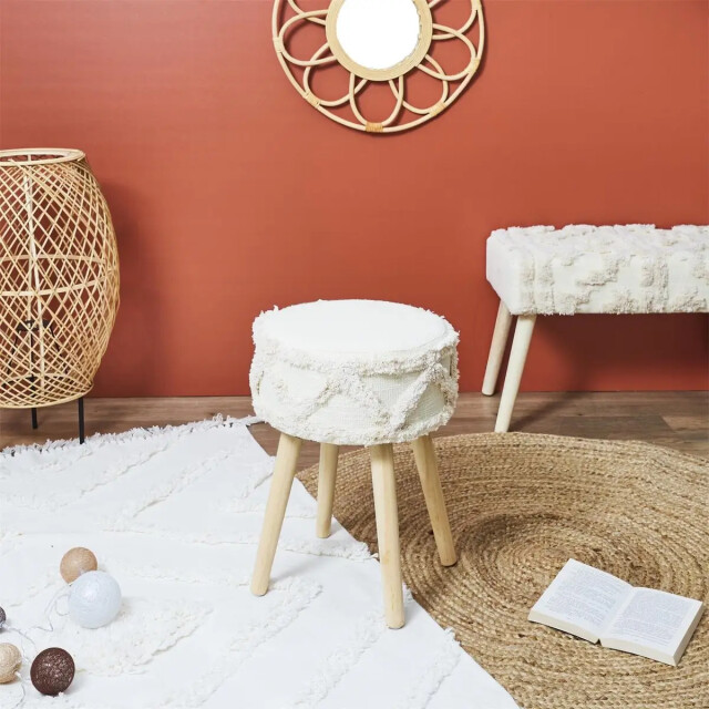 WDMT Ronde kruk met boho design – Ø 30 x 41 cm – houten poten – zachte bekleding – 3386399 large