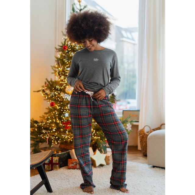 Happy Shorts Dames pyjama broek lang grijs/rood geruit flanel HS-1216-check grau large