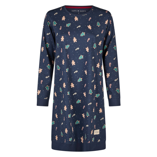 Happy Shorts Dames kerst nachthemd lange mouw donkerblauw gingerbread HS-1204-navy large
