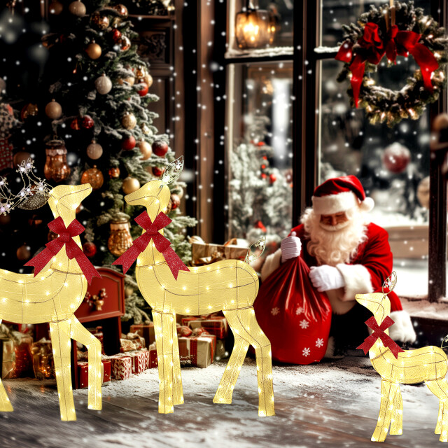 4goodz Set van 3 rendieren met rode strik met led verlichting goud 3389874 large