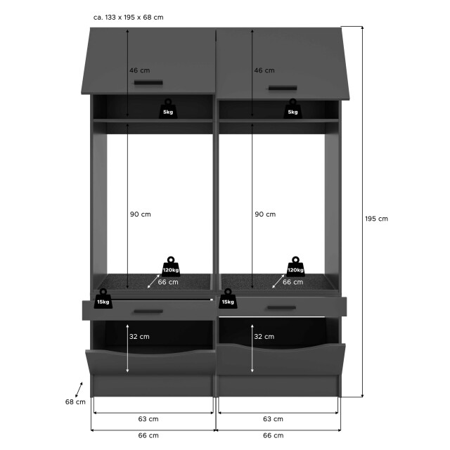 Furnilux Wasmachineombouwkast free 2-delige set 133x195x68 cm in antraciet 3389189 large