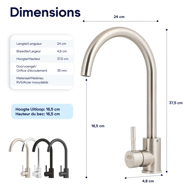 Luzzo ® lesina keuken­ mengkraan brushed steel – hoog model ronde uitloop 100% 3408998 large