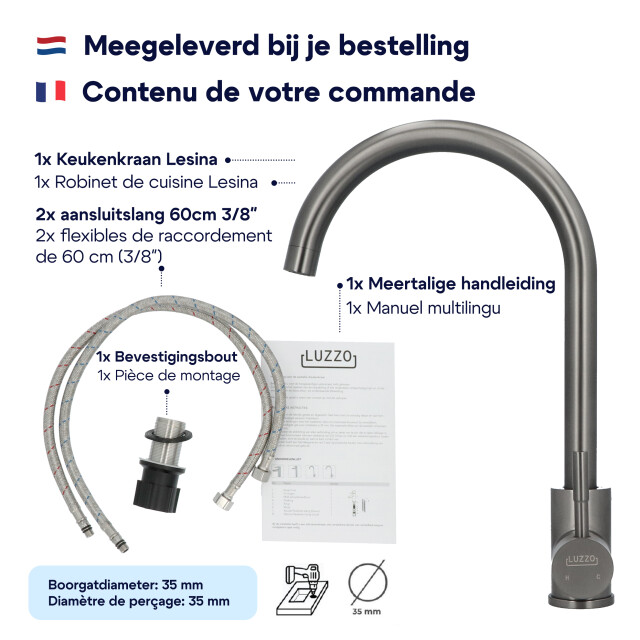 Luzzo ® lesina keuken­ mengkraan gun metal – hoog model ronde uitloop 100% 3408999 large