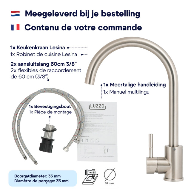 Luzzo ® lesina keuken­ mengkraan brushed steel – hoog model ronde uitloop 100% 3408998 large