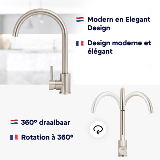 Luzzo ® lesina keuken­ mengkraan brushed steel – hoog model ronde uitloop 100% 3408998 large