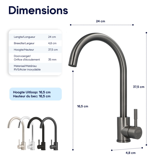 Luzzo ® lesina keuken­ mengkraan gun metal – hoog model ronde uitloop 100% 3408999 large