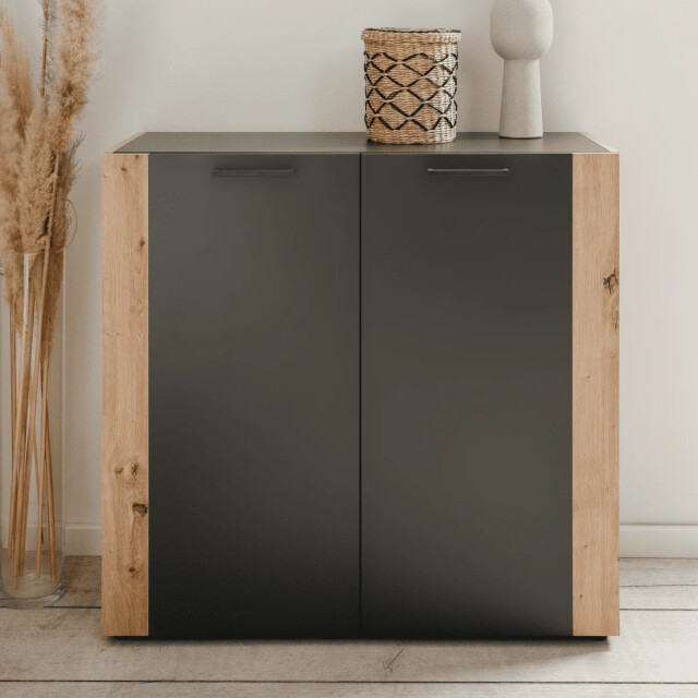 CaliCosy Commode met 2 deuren, zwarte poten, decor grijs antraciet en ambachtelijk eiken 3413309 large