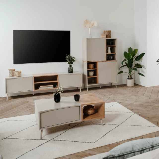 CaliCosy Tv-meubel met 2 niches, 2 deuren in zanddecor en eikenhout, l175 cm myr 3413296 large