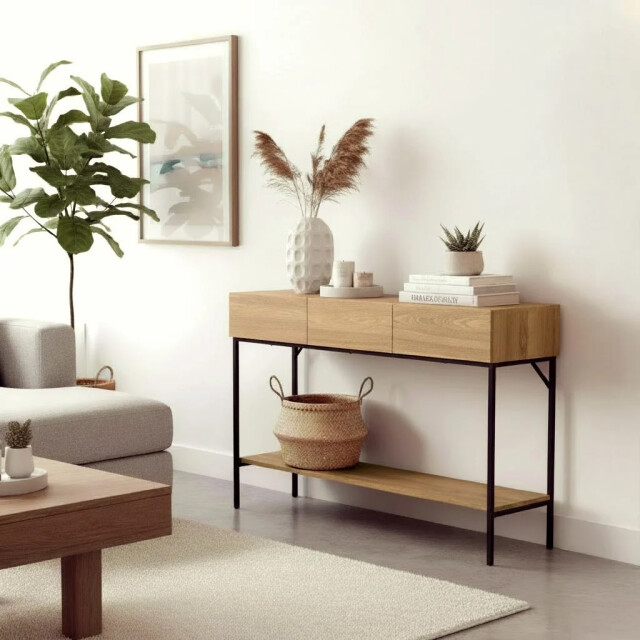 CaliCosy Console met 3 lades en 1 onderste plank, decor van hout en zwart metaal, l120 cm 3414981 large