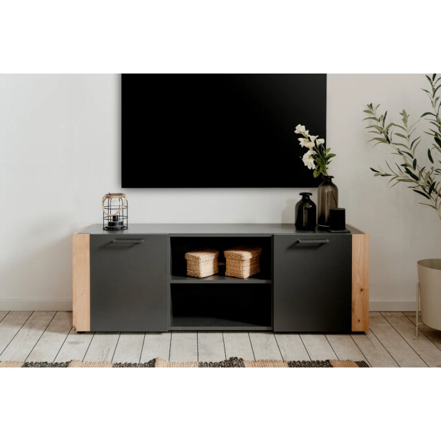 CaliCosy Tv-meubel met 2 deuren, 2 open niches in antracietgrijs en ambachtelijk eiken, 3414982 large