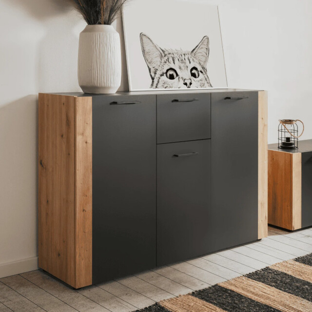 CaliCosy Commode met 3 deuren, 1 lade in antracietgrijs decor en ambachtelijk eiken 3414977 large