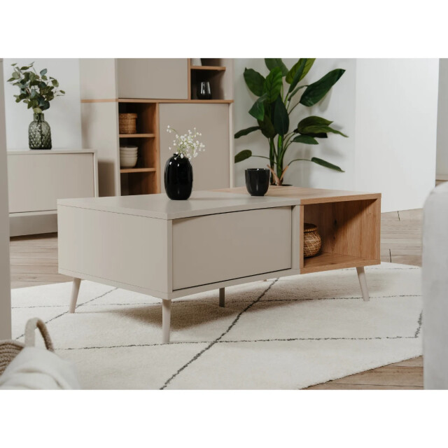 CaliCosy Salontafel met 1 deur, 1 decoratieve nis in zandkleur en eiken, ambachtelijk l94 3419577 large