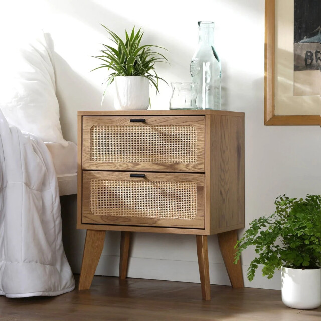 CaliCosy Nachtkastje met 2 lades, rotan fronten en decoratieve houten poten l45 cm alia 3034507 large