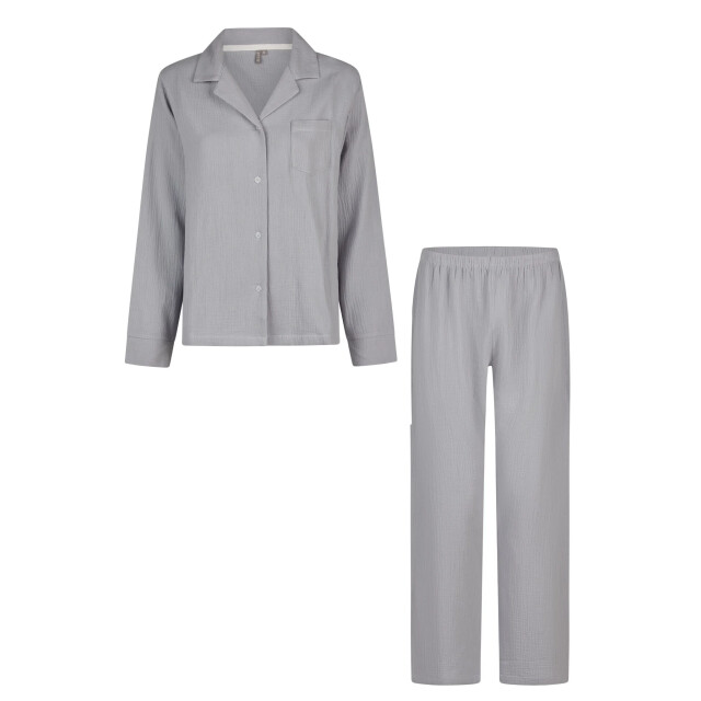 By Louise Dames pyjama set lang mousseline met knoopjes grijs/blauw BL-6017-02 large