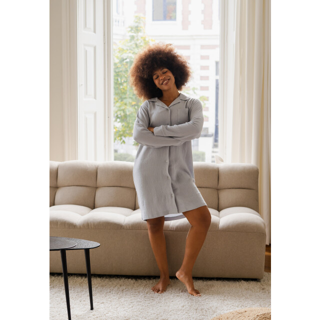 By Louise Dames nachthemd mousseline met knoopjes grijs/blauw BL-6016-02 large