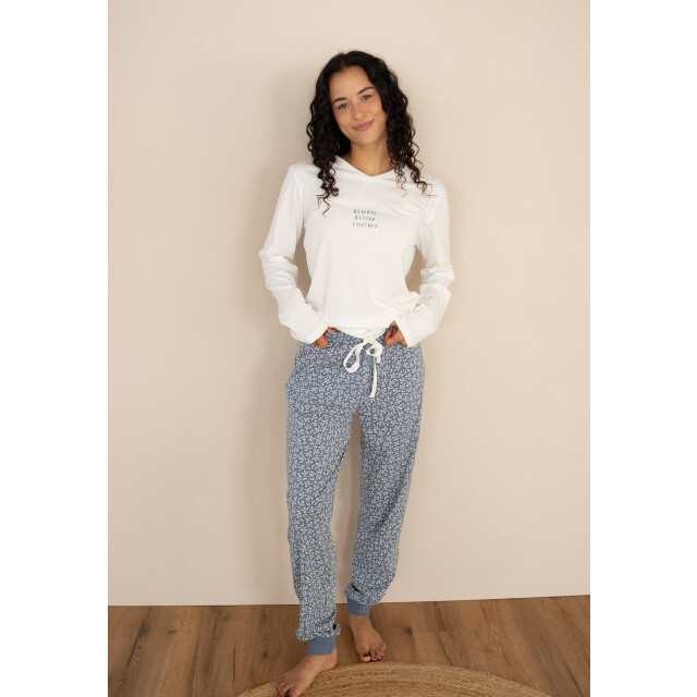 By Louise Dames pyjama set lang v-hals off-white/donkerblauw gebloemd BL-6011-02 large