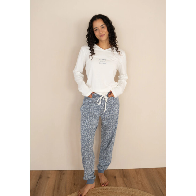 By Louise Dames pyjama set lang v-hals off-white/donkerblauw gebloemd BL-6011-02 large