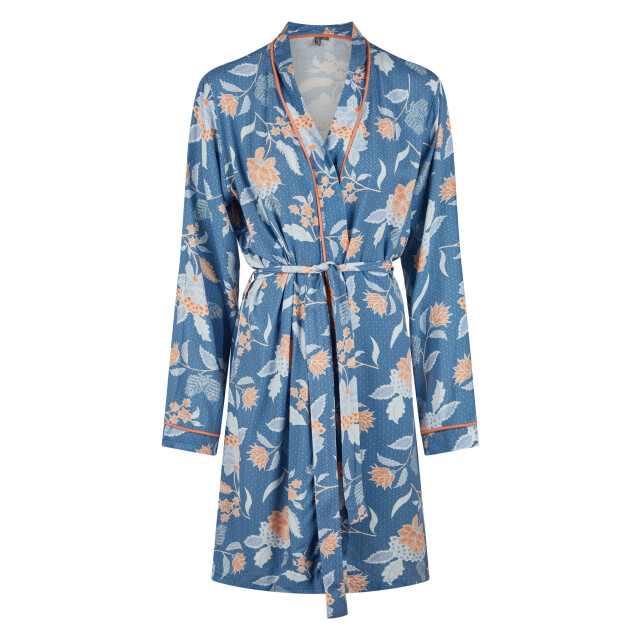 By Louise Dames kimono ochtendjas bamboe viscose blauw/oranje gebloemd BL-558-02 large