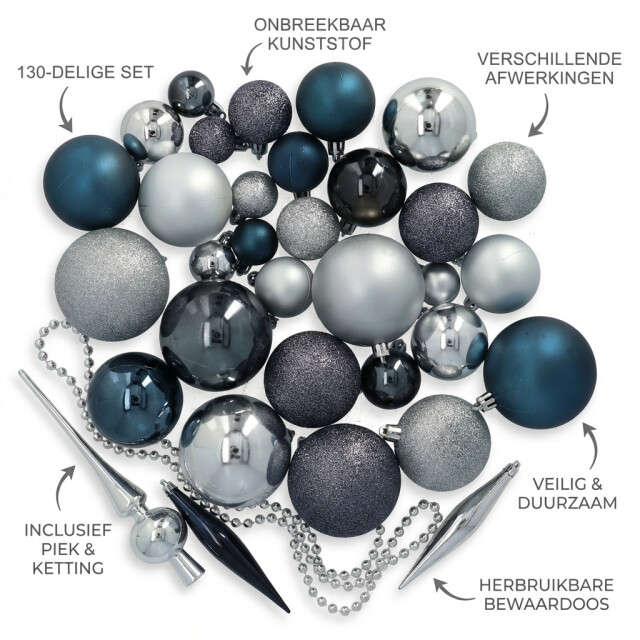 4seasonz ® kunststof kerstballen set 130 ballen, piek en snoer /blauw 3047656 large