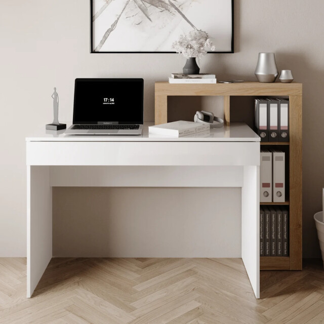 CaliCosy Bureau met 1 grote lade en 4 niches decor eiken cadix en glanzend wit l76 cm - 3438111 large