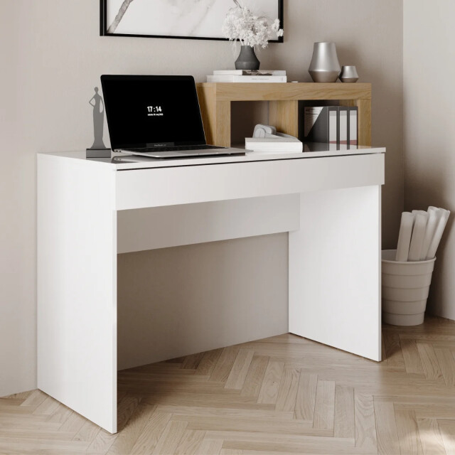 CaliCosy Bureau met 1 grote lade en 4 niches decor eiken cadix en glanzend wit l76 cm - 3438111 large