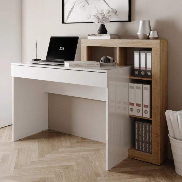 CaliCosy Bureau met 1 grote lade en 4 niches decor eiken cadix en glanzend wit l76 cm - 3438111 large