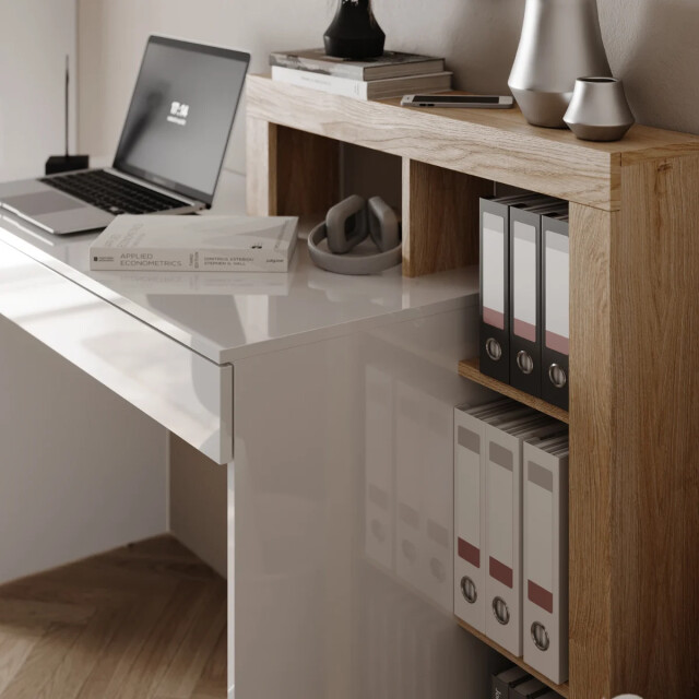 CaliCosy Bureau met 1 grote lade en 4 niches decor eiken cadix en glanzend wit l76 cm - 3438111 large