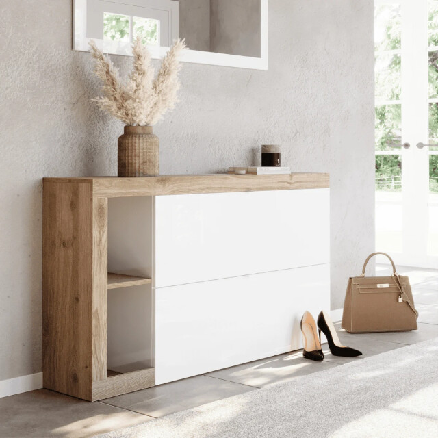 CaliCosy Schoenenkast met 2 opklapbare deuren, decor in glanzend wit en cadiz eiken l133 3438120 large