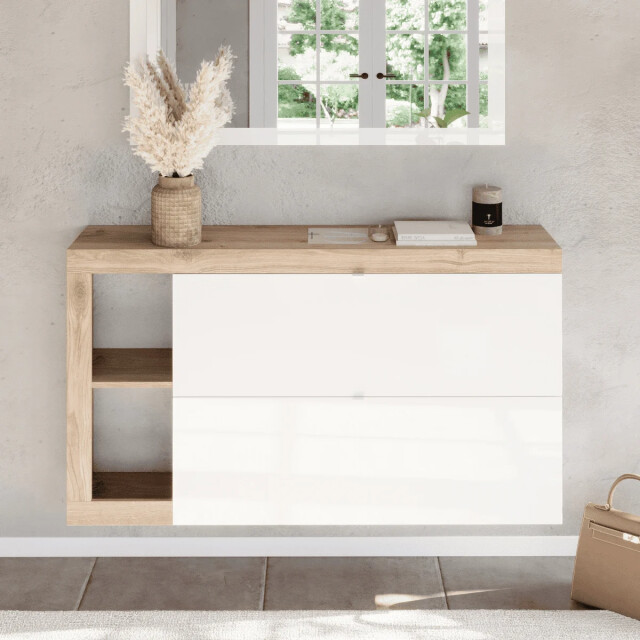 CaliCosy Schoenenkast met 2 opklapbare deuren, decor in glanzend wit en cadiz eiken l133 3438120 large