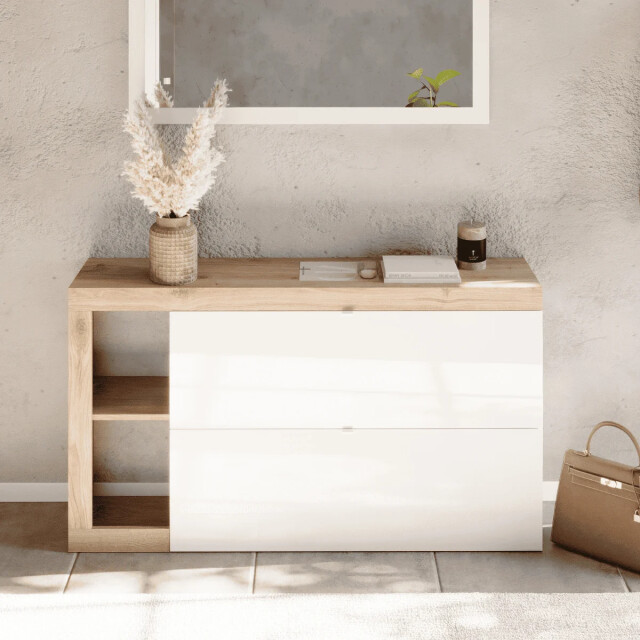 CaliCosy Schoenenkast met 2 opklapbare deuren, decor in glanzend wit en cadiz eiken l133 3438120 large