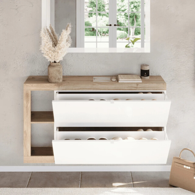CaliCosy Schoenenkast met 2 opklapbare deuren, decor in glanzend wit en cadiz eiken l133 3438120 large