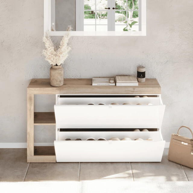 CaliCosy Schoenenkast met 2 opklapbare deuren, decor in glanzend wit en cadiz eiken l133 3438120 large