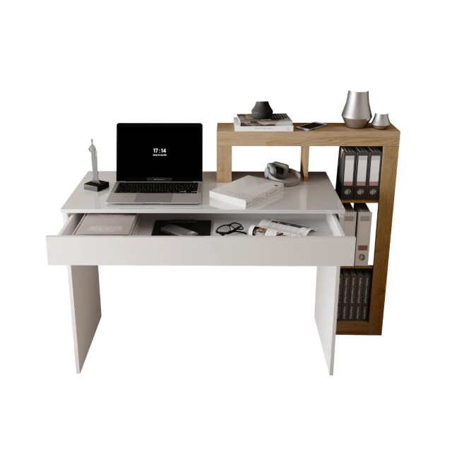 CaliCosy Bureau met 1 grote lade en 4 niches decor eiken cadix en glanzend wit l76 cm - 3438111 large