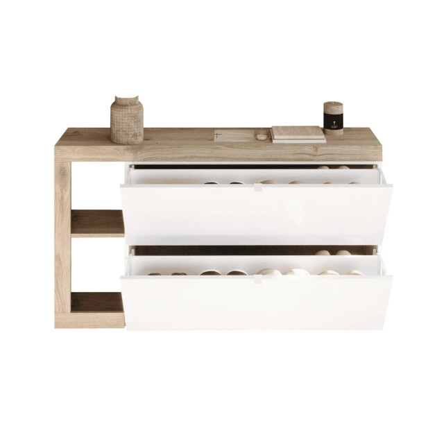 CaliCosy Schoenenkast met 2 opklapbare deuren, decor in glanzend wit en cadiz eiken l133 3438120 large