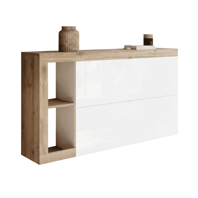 CaliCosy Schoenenkast met 2 opklapbare deuren, decor in glanzend wit en cadiz eiken l133 3438120 large