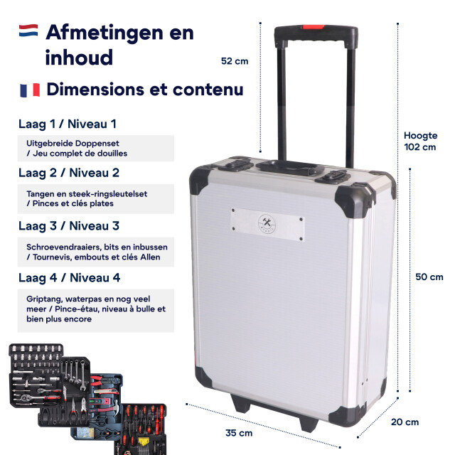 4toolz ® gereedschapskoffer xxl 1020-delig aluminium trolley met wielen 3068381 large