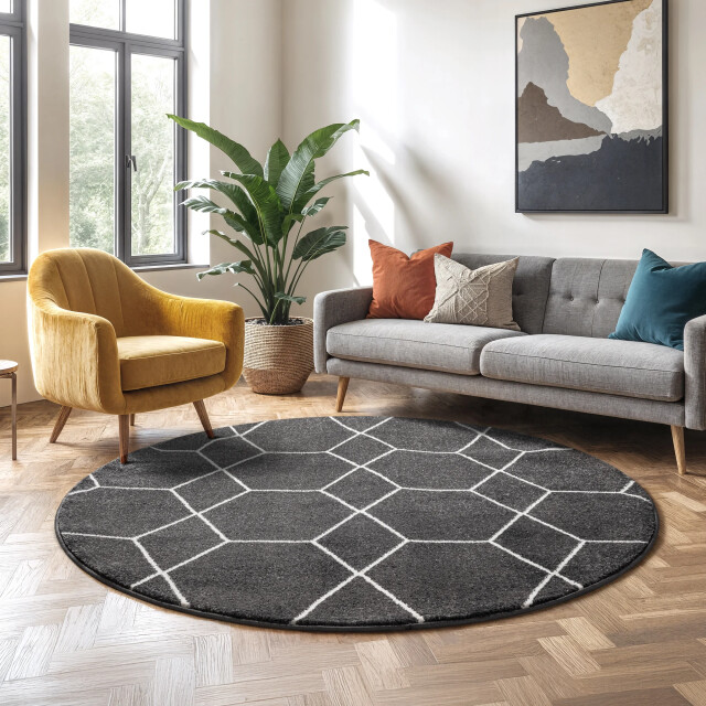 Muratap Trellis uni rond effen laagpolig vloerkleed modern donker 120 cm rond 3446834 large