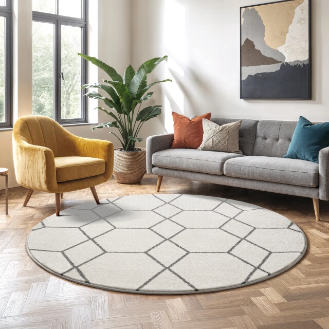 Muratap Trellis uni rond effen laagpolig vloerkleed modern 150 cm rond 3446823 large