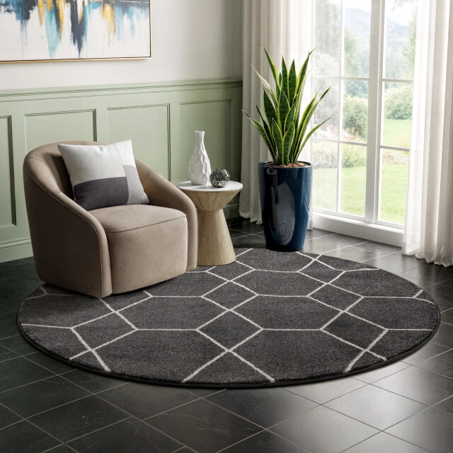 Muratap Trellis uni rond effen laagpolig vloerkleed modern donker 120 cm rond 3446834 large