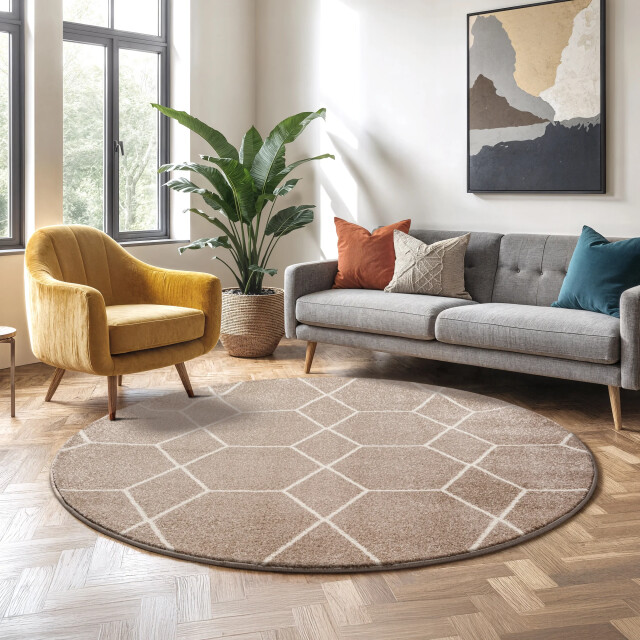 Muratap Trellis uni rond effen laagpolig vloerkleed modern 120 cm rond 3446814 large