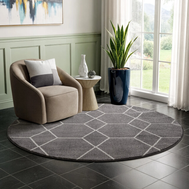 Muratap Trellis uni rond effen laagpolig vloerkleed modern 120 cm rond 3446844 large