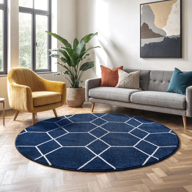 Muratap Trellis uni rond effen laagpolig vloerkleed modern navy- 200 cm rond 3446772 large
