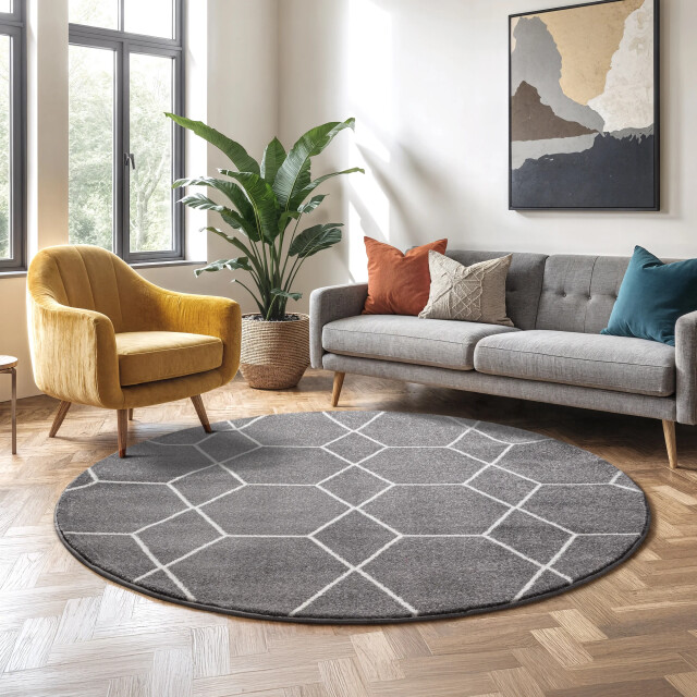 Muratap Trellis uni rond effen laagpolig vloerkleed modern 120 cm rond 3446844 large