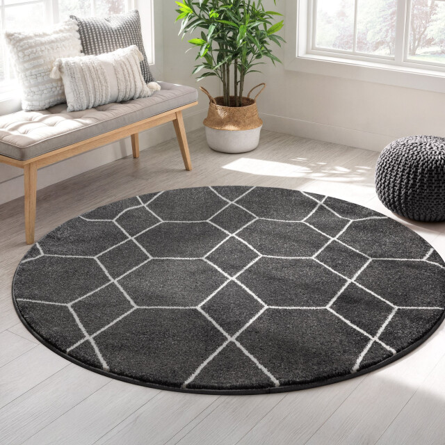 Muratap Trellis uni rond effen laagpolig vloerkleed modern donker 120 cm rond 3446834 large