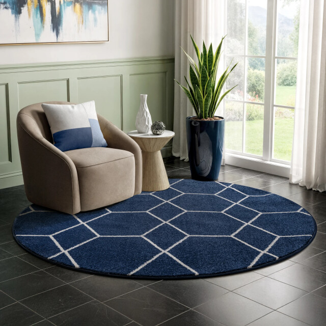 Muratap Trellis uni rond effen laagpolig vloerkleed modern navy- 200 cm rond 3446772 large