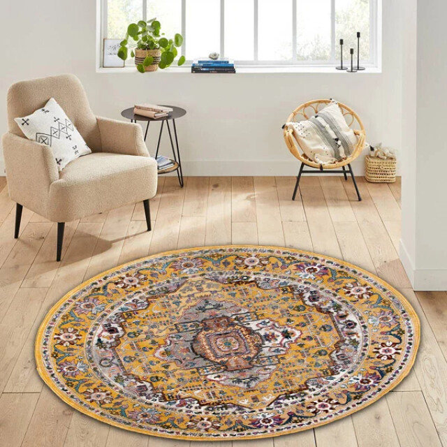 Muratap Picasso sedona rond vintage vloerkleed multi / geel laagpolig- 300 cm rond 3437667 large