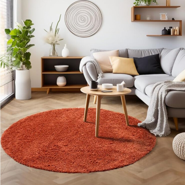 Muratap Basic rond shaggy vloerkleed terra / oranje hoogpolig- 120 cm rond 1128607 large