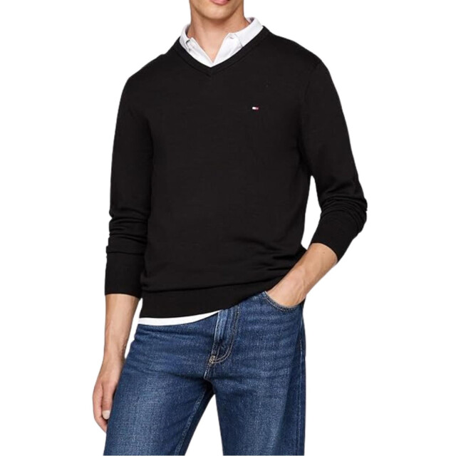 Tommy Hilfiger Heren geborduurd logo v hals sweater top UTNA563_black large