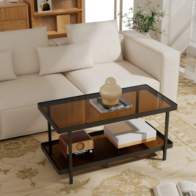 CaliCosy Zwarte metalen salontafel met 2 rookglasplaten l100 cm ora 3467387 large